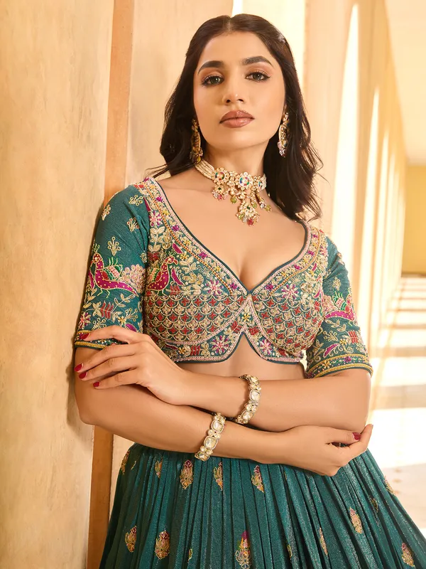 Rama green silk wedding lehenga choli