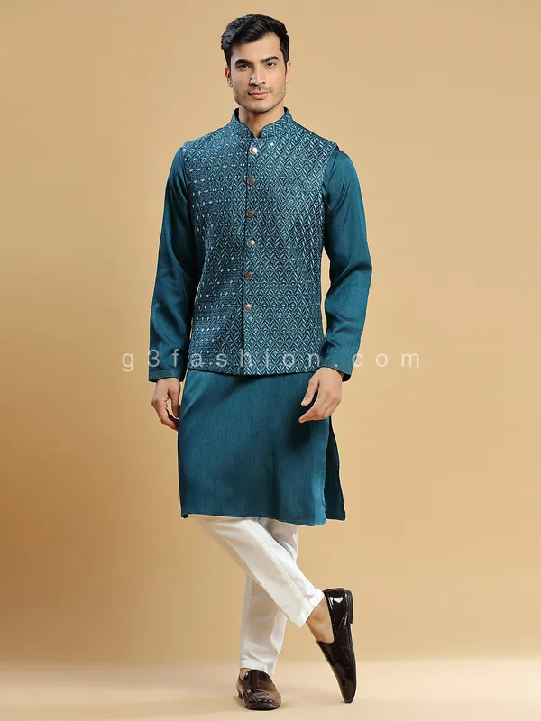 Rama blue silk wedding wear waistcoat set