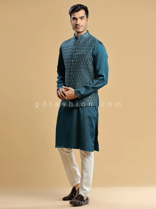 Rama blue silk wedding wear waistcoat set