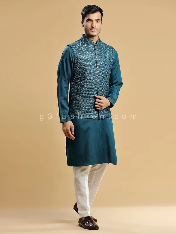 Rama blue silk wedding wear waistcoat set