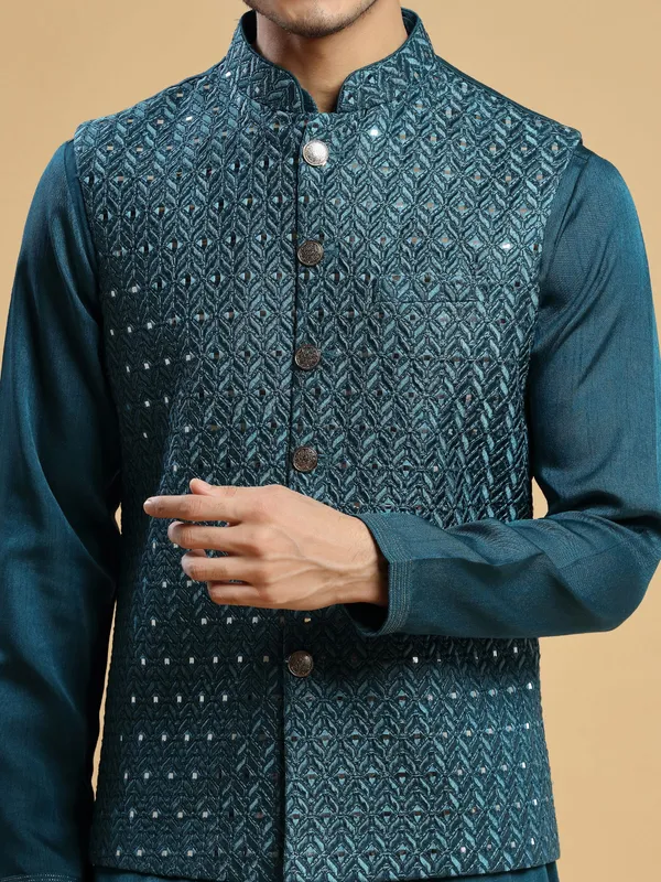 Rama blue silk wedding wear waistcoat set