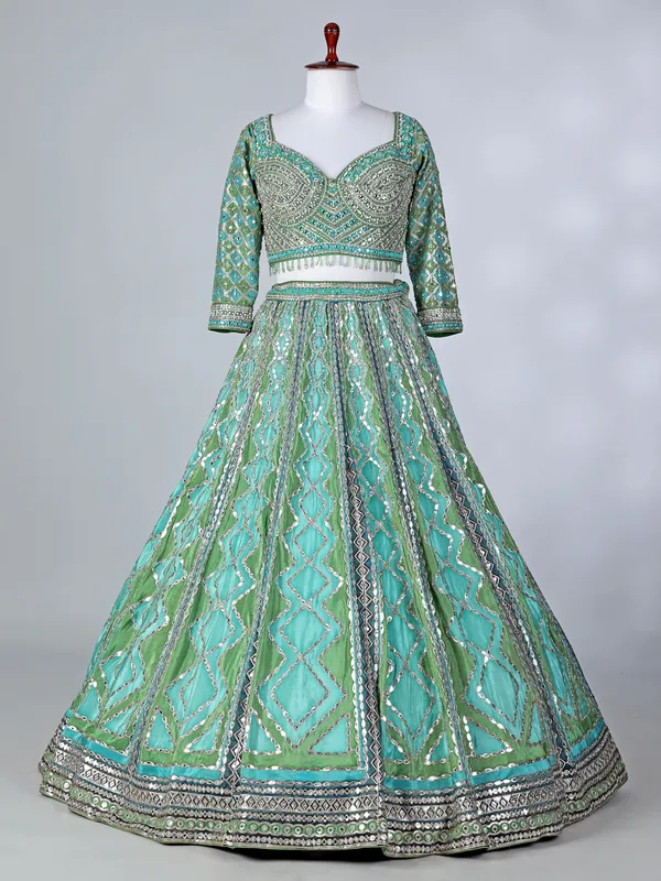 Rama green sweetheart silk lehenga choli with dupatta
