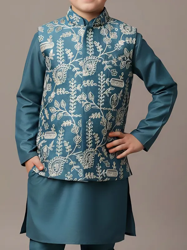 Rama green thread work silk blend waistcoat set