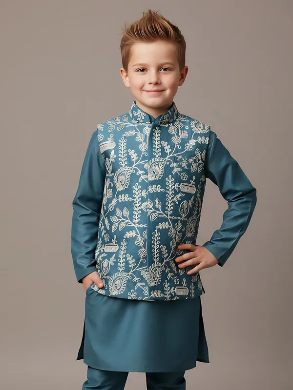 Rama green thread work silk blend waistcoat set