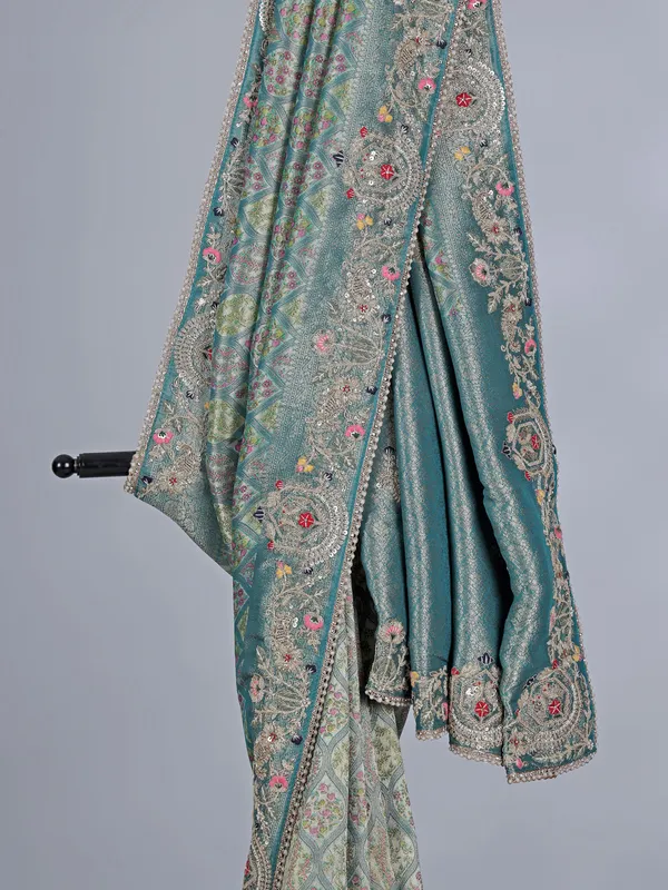 Rama green tissue silk festive wear saree with beads detailing