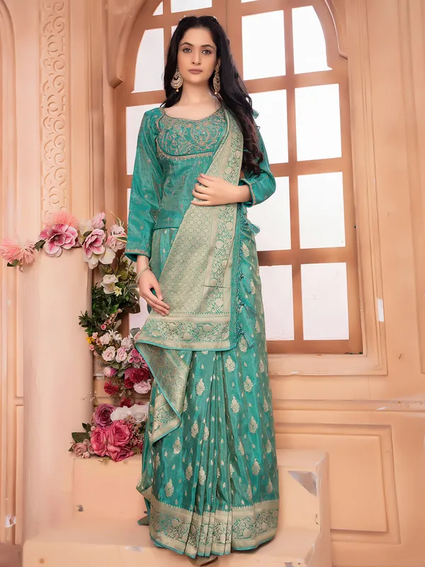 Rama green tissue silk zari weaving saree