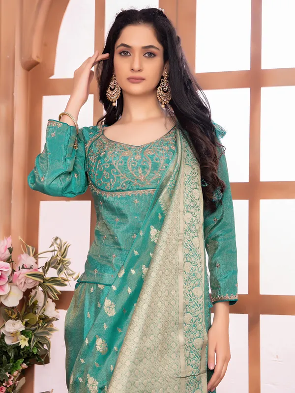 Rama green tissue silk zari weaving saree