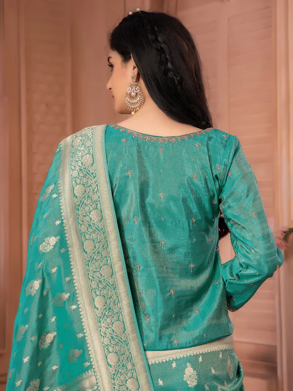 Rama green tissue silk zari weaving saree