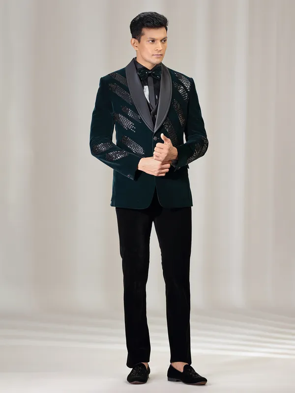 Rama green velvet coat suit with reception wear