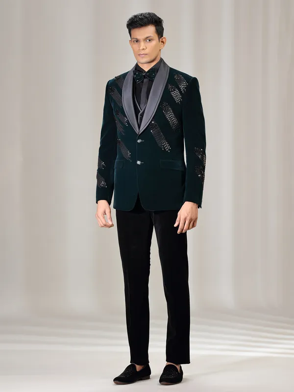 Rama green velvet coat suit with reception wear