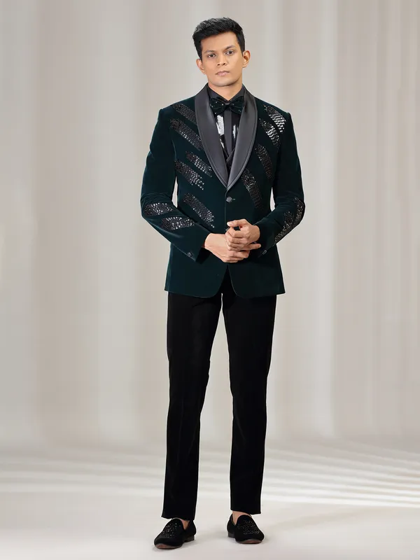 Rama green velvet coat suit with reception wear