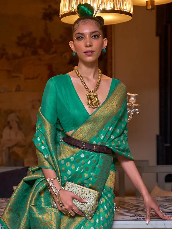 Rama green zari woven silk saree