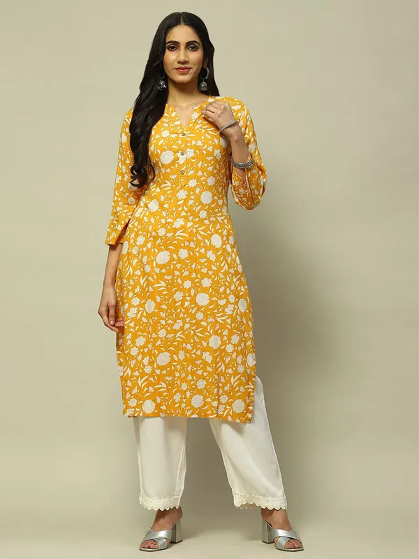 RANGRITI mustard yellow straight kurti