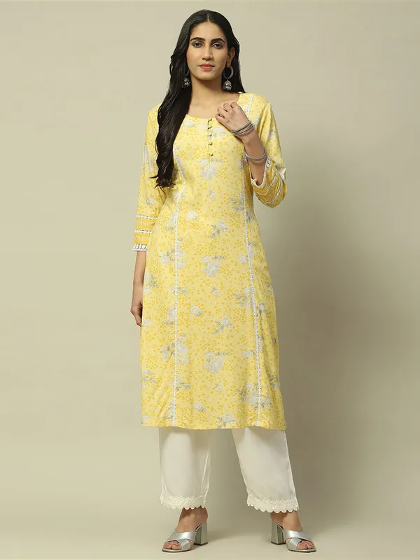 RANGRITI yellow printed a-line kurti