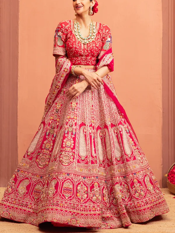 Rani bridal lehenga choli in raw silk fabric