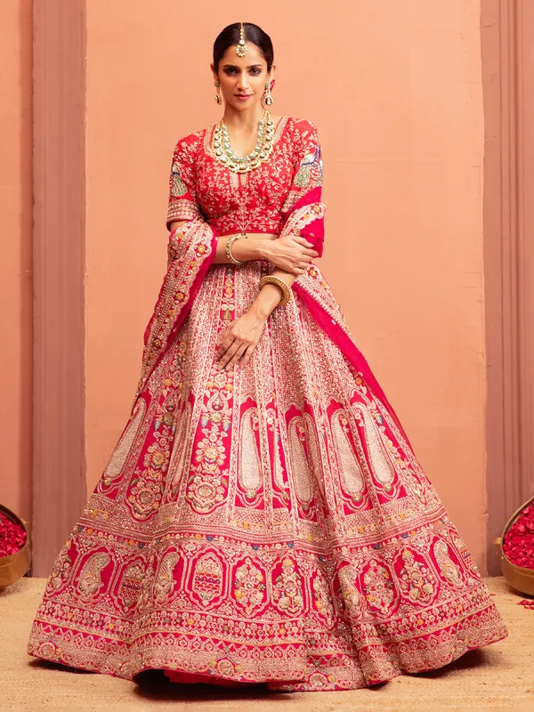Rani bridal lehenga choli in raw silk fabric