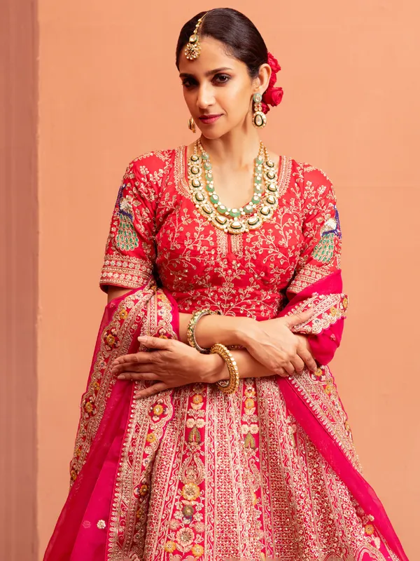 Rani bridal lehenga choli in raw silk fabric