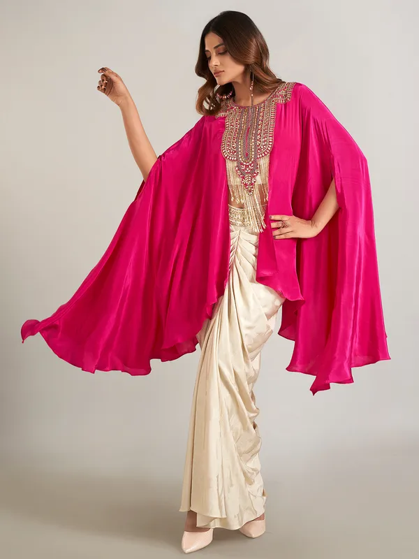 Rani color and beige satin silk indowestern suit