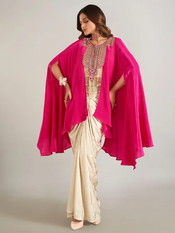 Rani color and beige satin silk indowestern suit