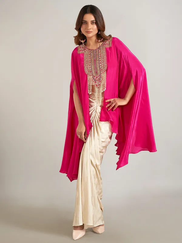 Rani color and beige satin silk indowestern suit