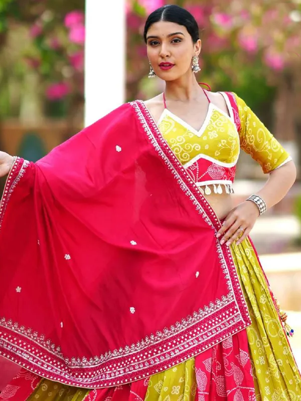 Rani color and light green cotton silk navratri chaniya choli