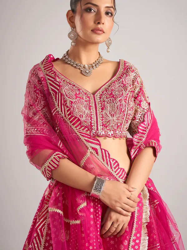 Rani color banarasi silk lehenga choli with dupatta for women