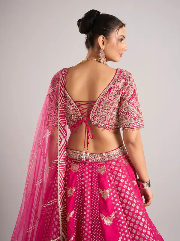 Rani color banarasi silk lehenga choli with dupatta for women