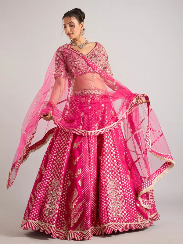 Rani color banarasi silk lehenga choli with dupatta for women