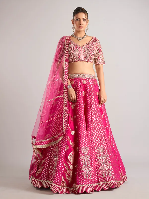Rani color banarasi silk lehenga choli with dupatta for women