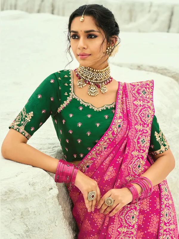 Rani color bandhej georgette wedding saree