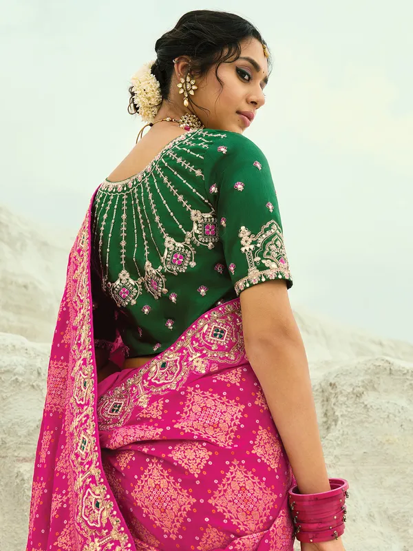 Rani color bandhej georgette wedding saree