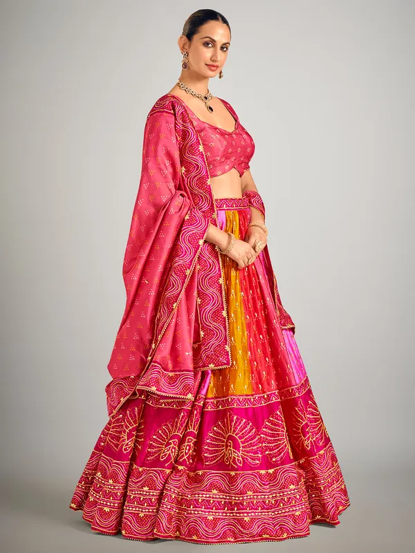 Rani color bandhej print silk lehenga choli