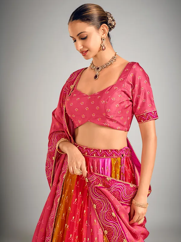 Rani color bandhej print silk lehenga choli