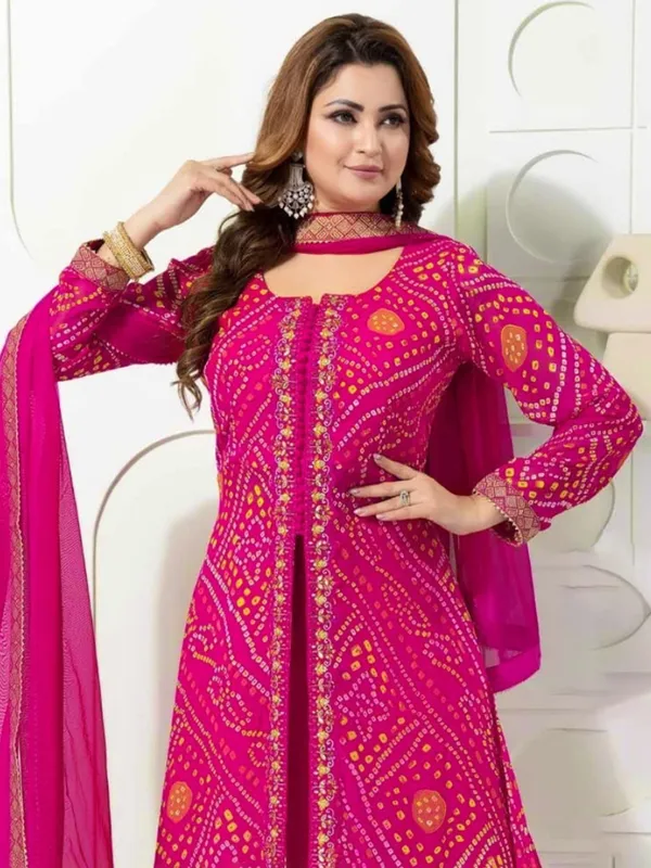 Rani color bandhej printed palazzo suit for wedding