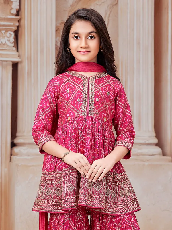 Rani color bandhej printed silk sharara suit