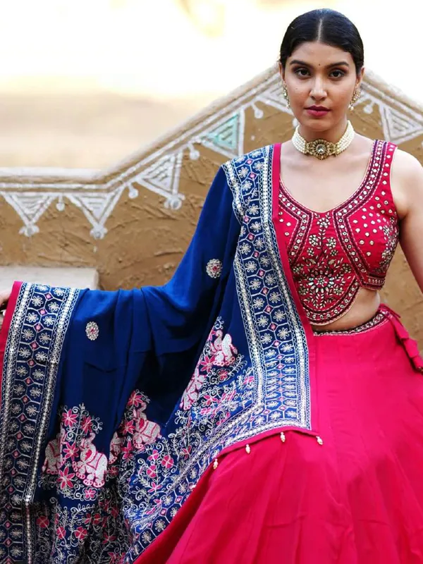 Rani color cotton silk chaniya choli for navratri