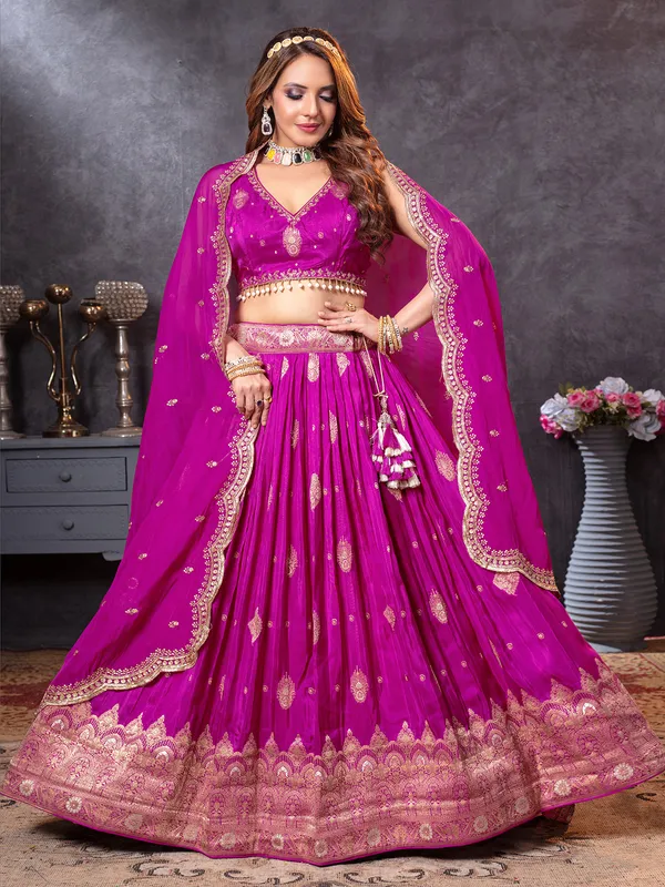 Rani color crepe silk lehenga choli for events
