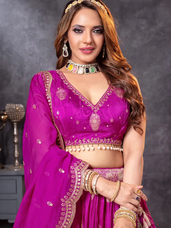 Rani color crepe silk lehenga choli for events