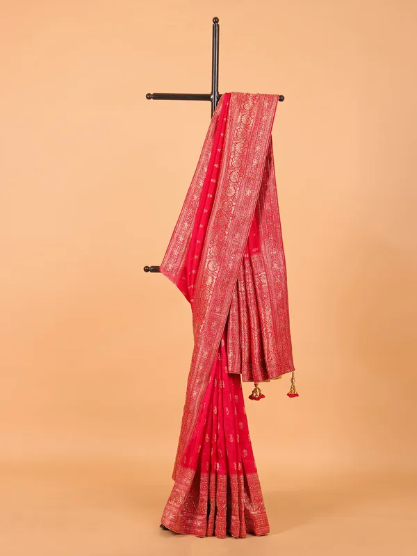 Rani color dola silk saree with unstitched blouse