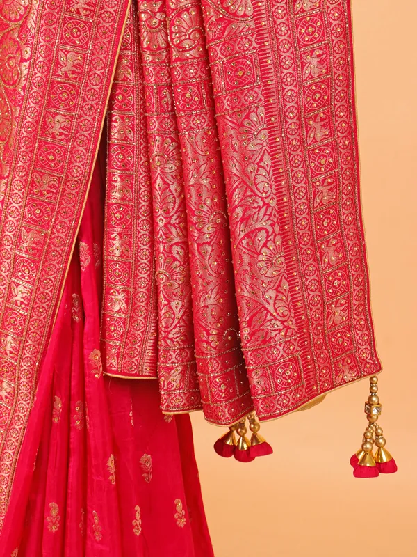 Rani color dola silk saree with unstitched blouse