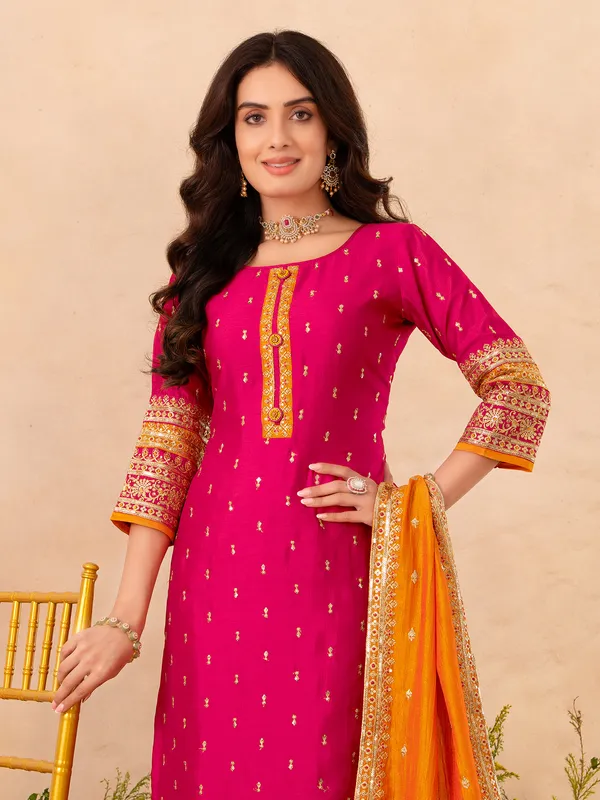 Rani color elegant silk pakistani salwar suit