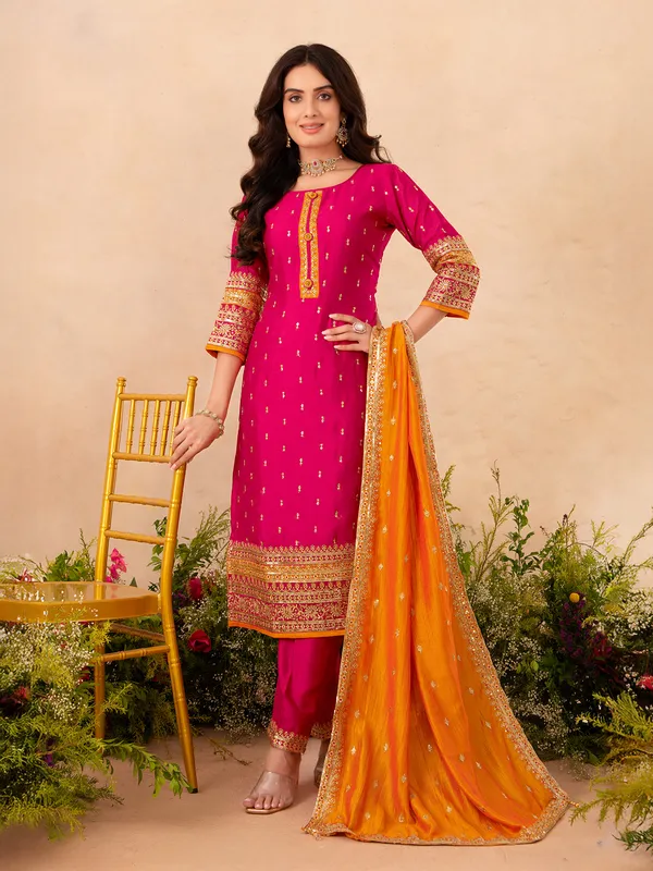 Rani color elegant silk pakistani salwar suit
