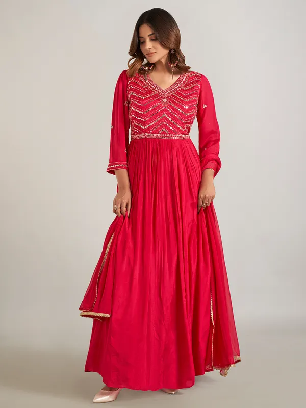 Rani color georgette anarkali suit with dupatta