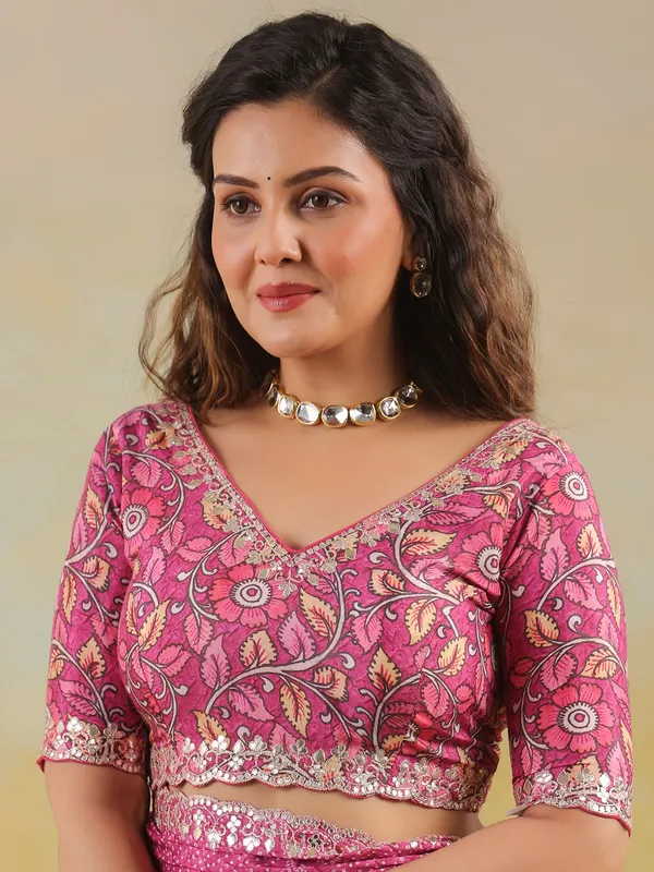 Rani color muslin printed saree