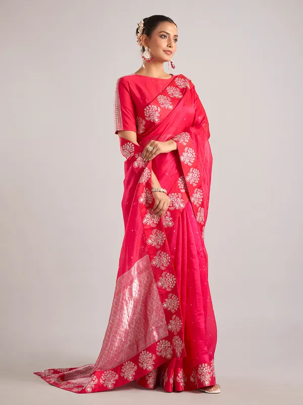 Rani color organza saree with ready made blouse
