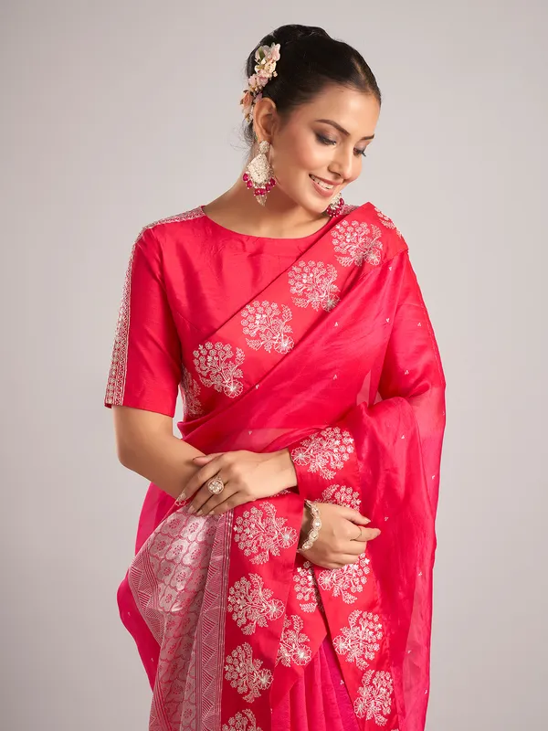 Rani color organza saree with ready made blouse