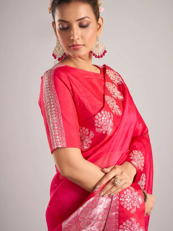 Rani color organza saree with ready made blouse