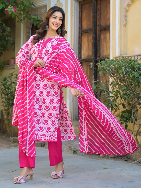 Rani color printed cotton kurti set for women