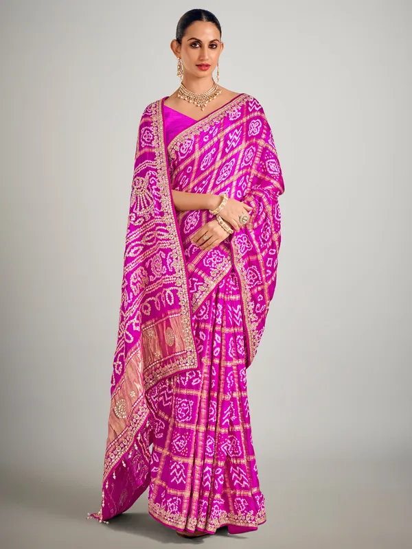 Rani color printed gajji silk zari weaving saree