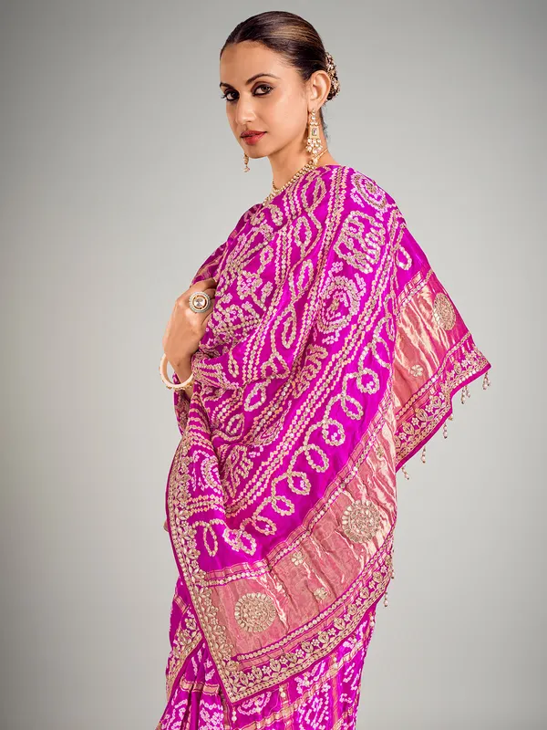 Rani color printed gajji silk zari weaving saree